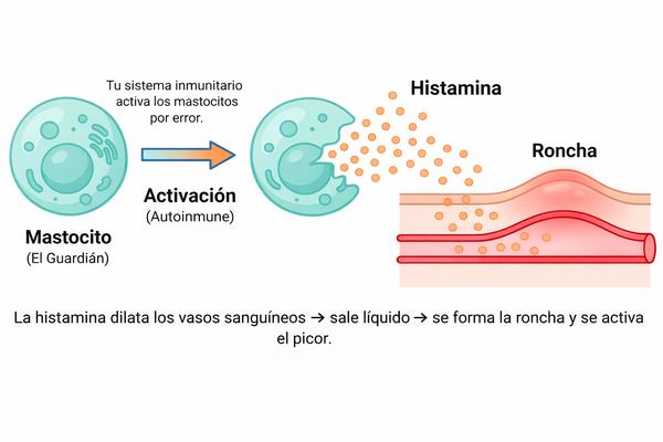 Diagrama: mastocito liberando histamina que produce la roncha